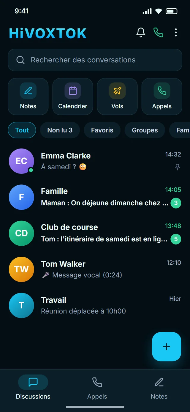 HIVOX sur un téléphone : liste des conversations